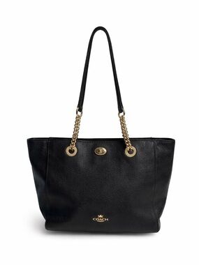 Coach Turnlock Tote Black Pebbled Leather Gold Chain Shoulder Bag + Dust Bag